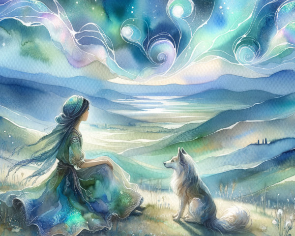 Young Woman and Dog Enjoying a Starry Night Sky
