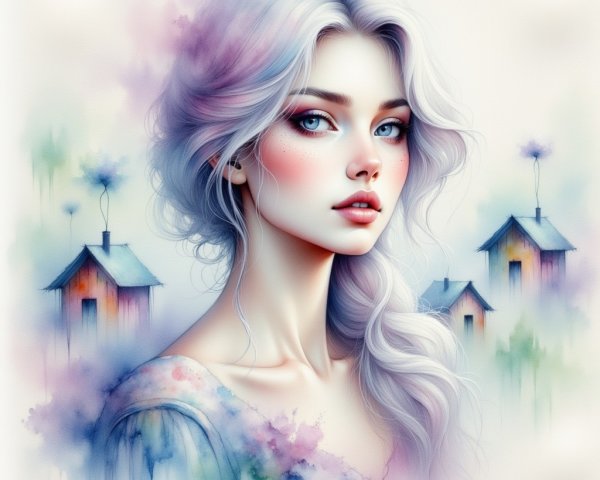 Ethereal Woman with Silver Hair in Dreamy Landscape