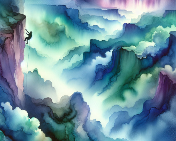 Climber on Steep Cliff in Ethereal Landscape