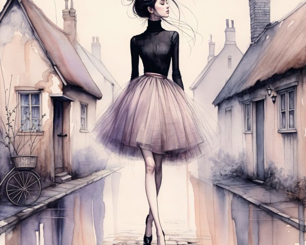 Young Woman in Tulle Skirt on Cobblestone Path