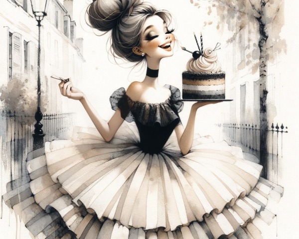 Whimsical Illustration of Woman with Decorated Cake