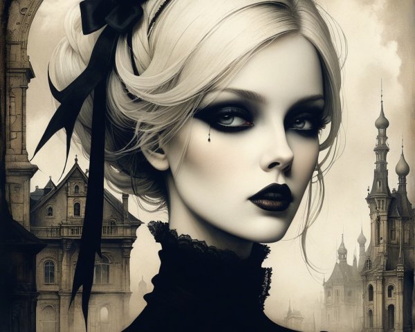 Striking Woman in Gothic Setting with Elegant Attire