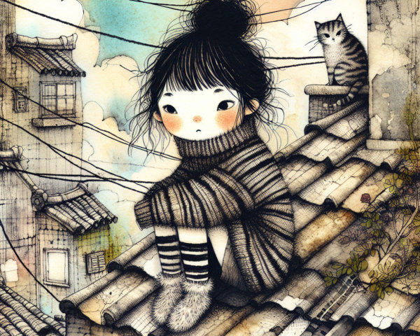 Whimsical Illustration of a Girl and Cat on Rooftop