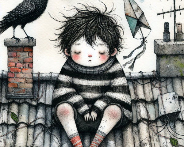 Whimsical Child Illustration on Rooftop with Crow