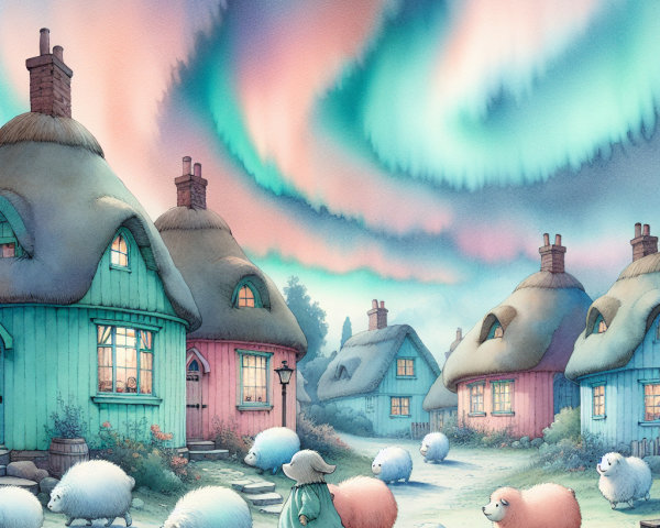 Colorful Cottages Under Vibrant Aurora Borealis