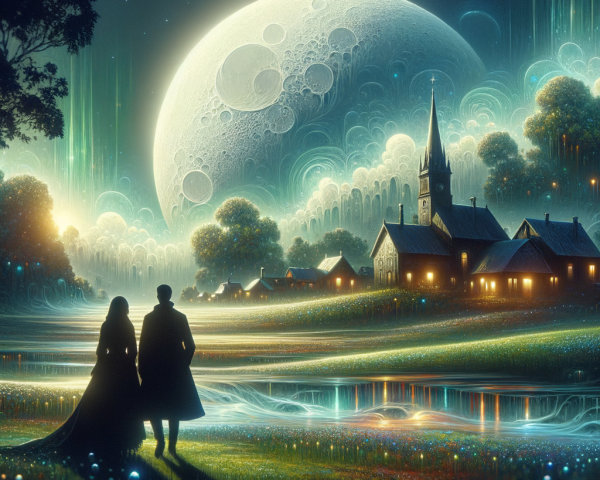 Couple Gazing at Luminous Moon in Dreamlike Landscape