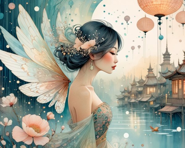 Serene Woman with Butterfly Wings in Dreamlike Setting