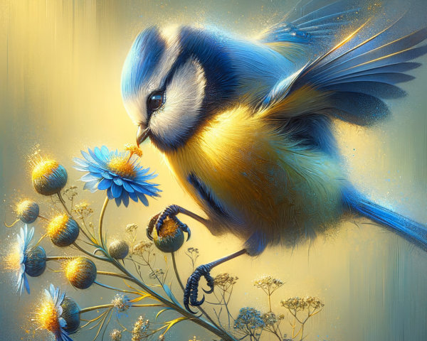 Vibrant Blue and Yellow Bird on Branch with Flowers