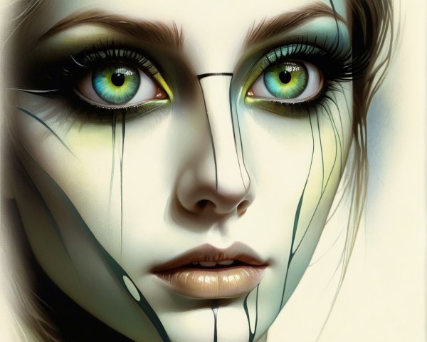 Close-up of a face with vivid green eyes and dramatic makeup