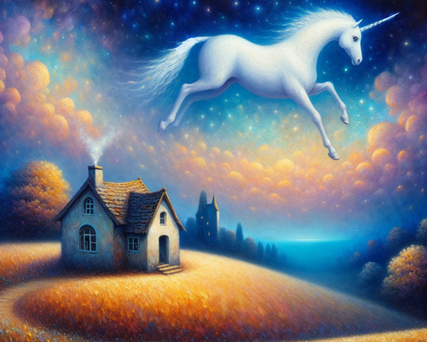 Whimsical Unicorn in Dreamlike Landscape with Cottage