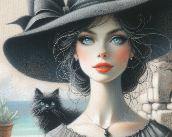 Young woman in hat with cat by coastal view