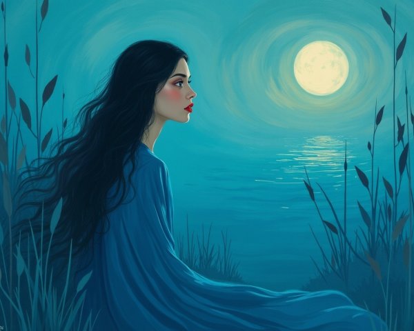 Serene Woman Gazing at Moon Over Tranquil Water