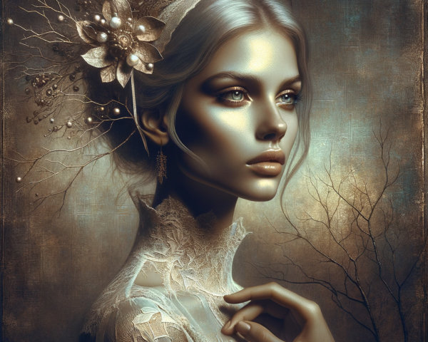 Portrait of a Woman with Floral Accents and Lace Attire