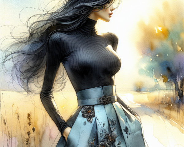 Elegant Woman in Floral Embroidered Skirt and Turtleneck