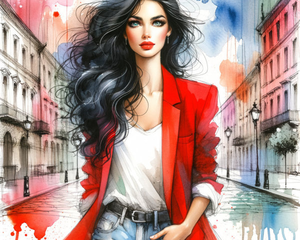 Stylish Woman in Red Blazer on Colorful City Street
