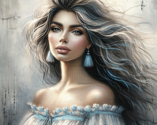 Portrait of a Woman with Flowing Hair and Ruffles