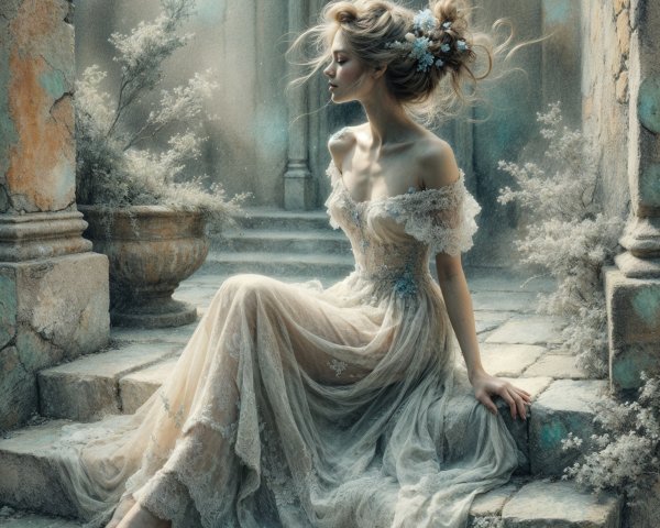 Young woman in ethereal gown on ancient stone steps