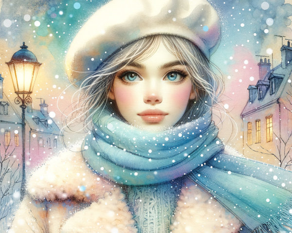 Winter Scene with Young Woman in Cozy Attire