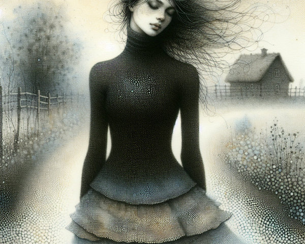 Solitary Figure on Misty Pathway with Cottage Background