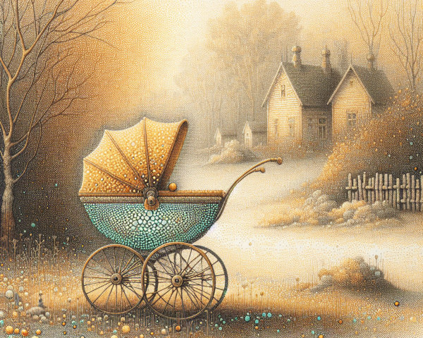 Vintage stroller in autumn landscape with cottage and mist