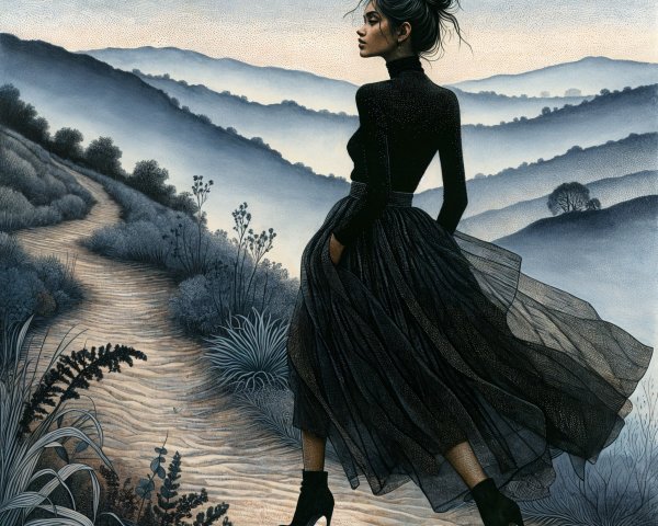 Elegant Woman in Black Amid Misty Mountains