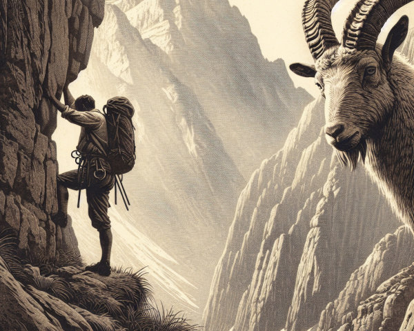 Climber on Rugged Cliff with Ibex in Mountain Landscape