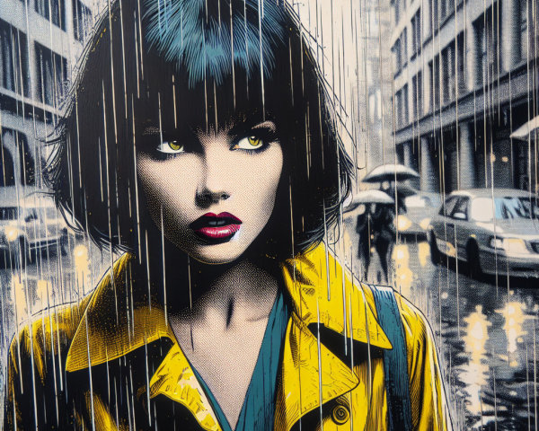 Illustration of a Woman in Yellow Raincoat in Rainy City