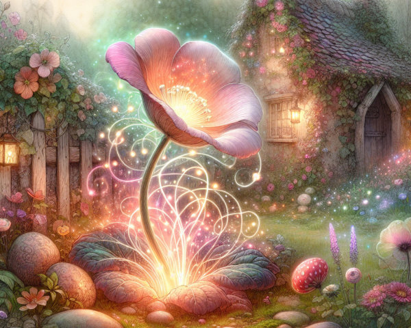 Whimsical Garden Scene with Blooming Flower and Cottage