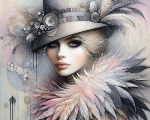 Captivating Woman in Feathered Hat and Elegant Background