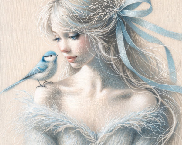 Ethereal Woman with Floral Hairpiece and Blue Bird