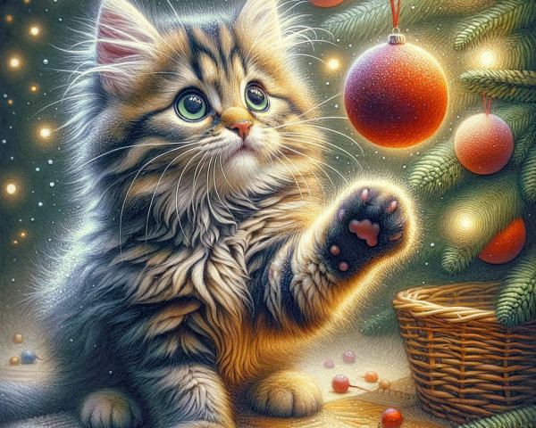 Fluffy Brown and White Tabby Kitten Near Christmas Tree