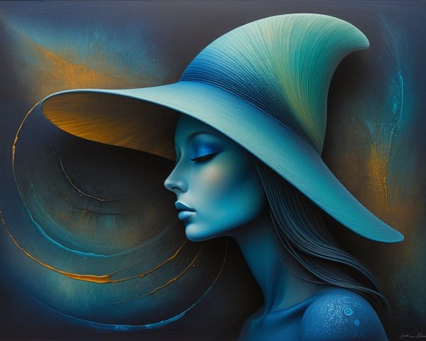 Surreal Profile of a Blue-Hued Woman with Hat
