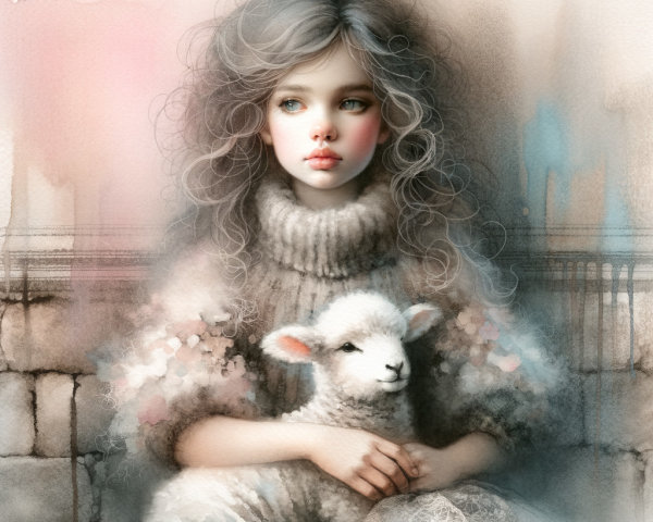 Whimsical Depiction of Girl with Fluffy Lamb