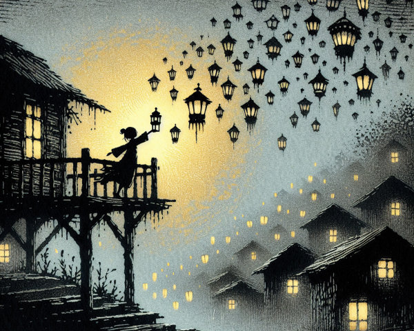 Whimsical Night Scene with Lanterns and Lute Music