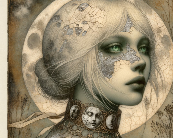 Serene Figure with Ethereal Expression and Lunar Backdrop