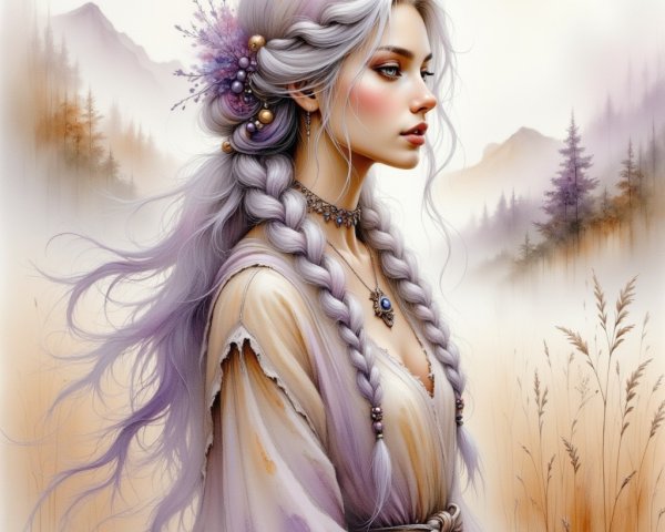 Serene Young Woman in Misty Mountain Landscape