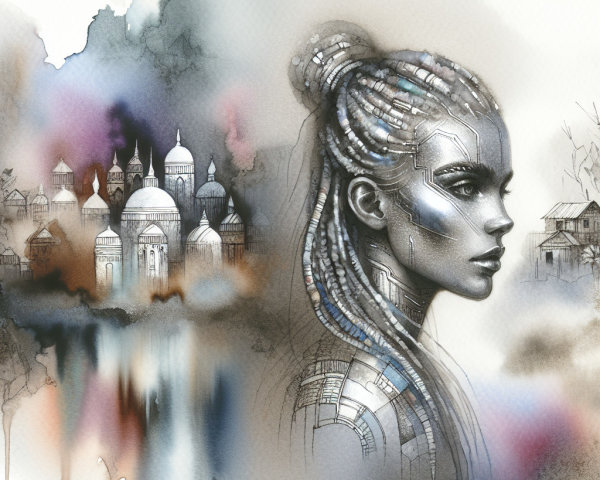 Futuristic Woman in Surreal Landscape with Metallic Elements