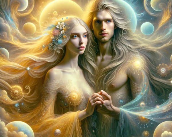 Ethereal Couple in Cosmic Backdrop with Celestial Orbs