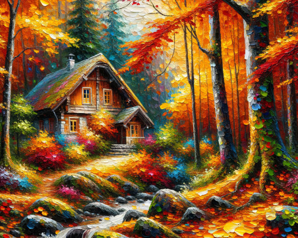Cottage in a Vibrant Autumn Forest Landscape