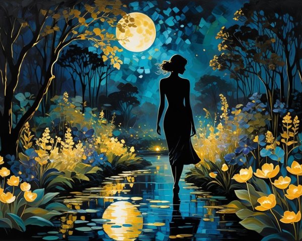 Moonlit Landscape with Woman by Reflective Waterway