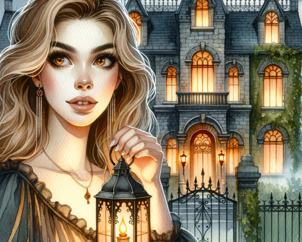 Mysterious Woman with Lantern by Gothic Mansion