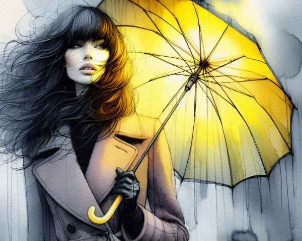 Stylish Woman with Yellow Umbrella in Rainy Scene