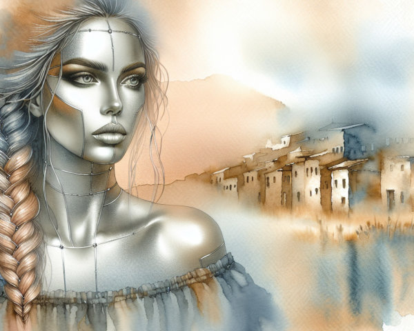 Futuristic Woman with Robotic Features in Pastel Landscape