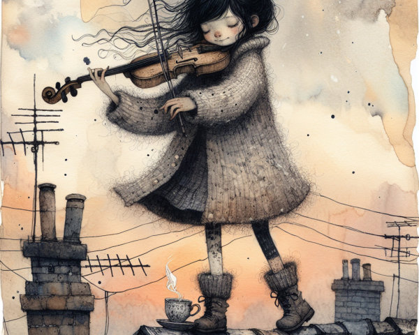 Whimsical Illustration of Girl Playing Violin on Rooftop