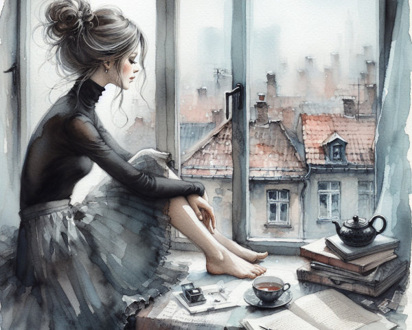 Contemplative Woman by Window in Misty Cityscape