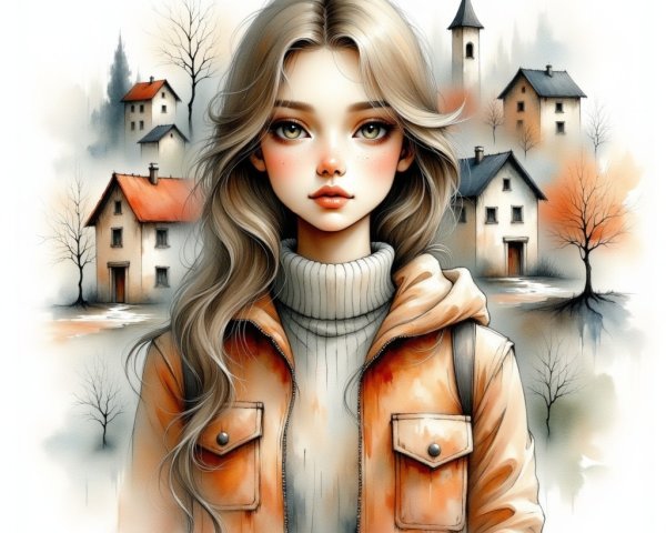 Young Woman in Orange Jacket Amidst Autumn Landscape