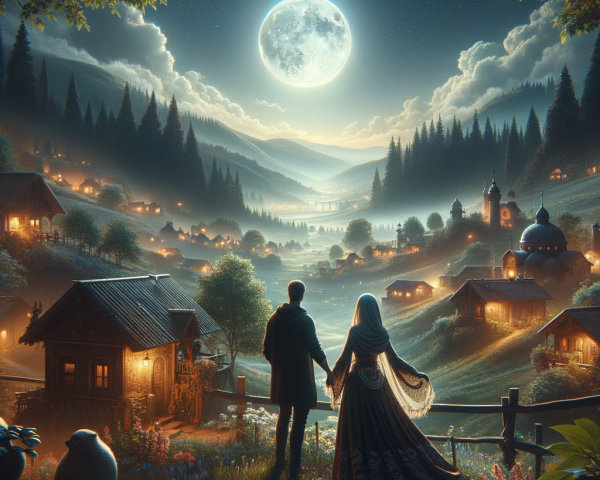 Moonlit Landscape with Couple and Serene Valley