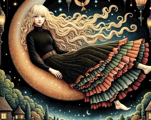 Young Woman on Crescent Moon in Enchanting Setting