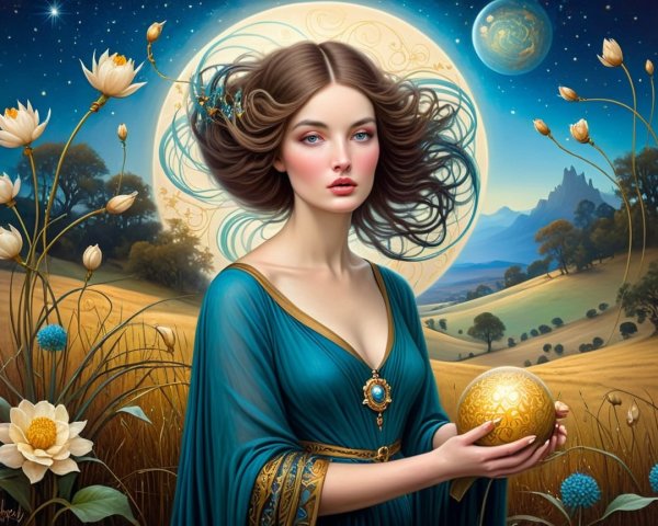 Digital Painting of Woman in Teal Gown Under Moonlight
