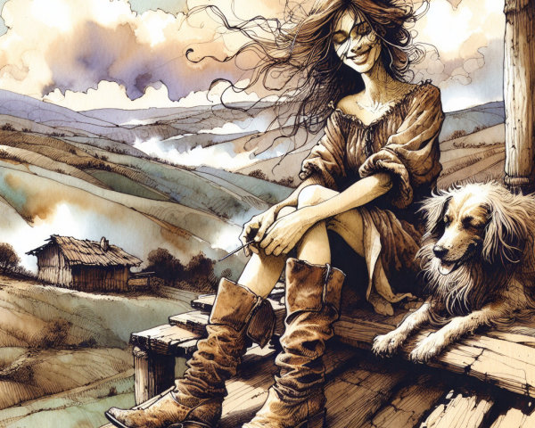 Whimsical Illustration of Young Woman on Porch
